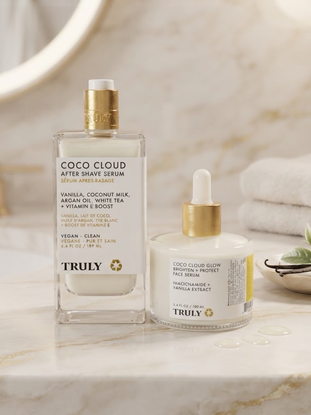 TRULY Coco Cloud After Shave Serum & Glow Face Serum - White, Gold